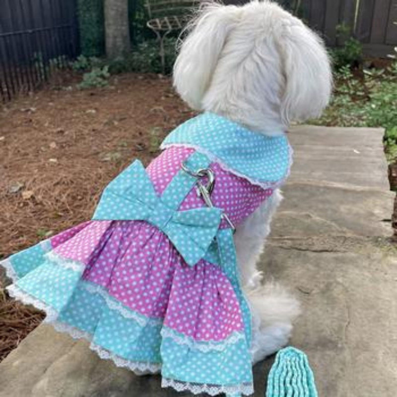 Pink & Teal Polka Dot With Lace Dog Harness Dress With Matching Leash