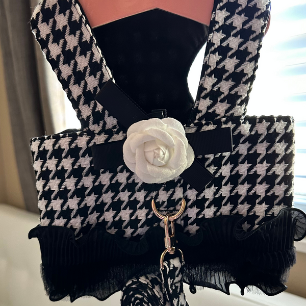 Houndstooth Dog Harness With Black Fringe Detail And Matching Leash