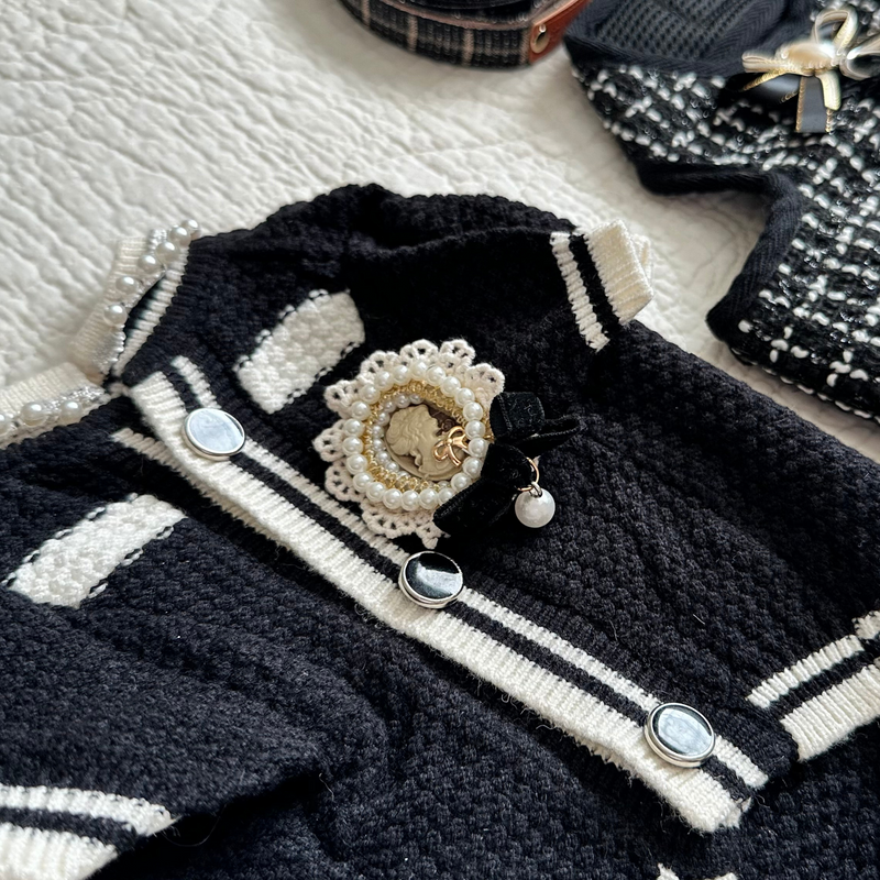 Amore Black Button Up Sweater With Pearl Detail Pet Fashion