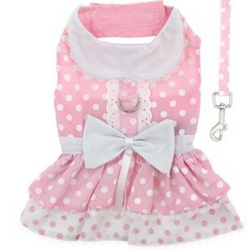 Polka Dot & Lace Pink Dog Harness Dress With Matching Leash