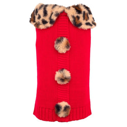 LEOPARD COLLAR RED KNIT DOG SWEATER