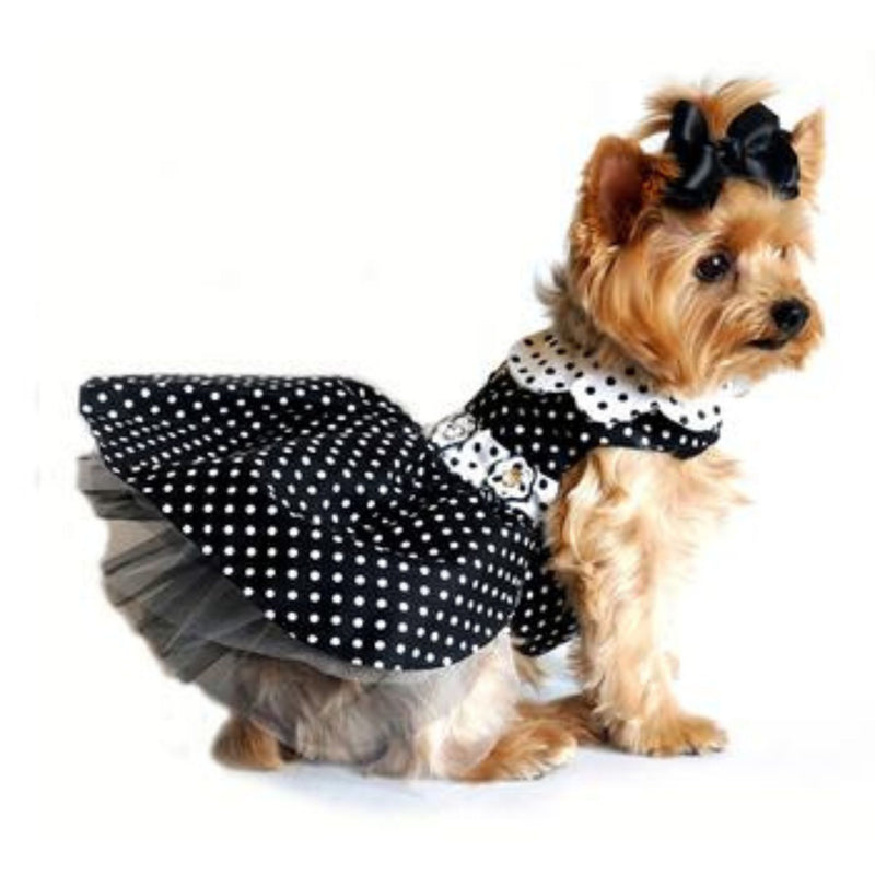 Polka Dot Black & White Dog Harness Dress With Tulle