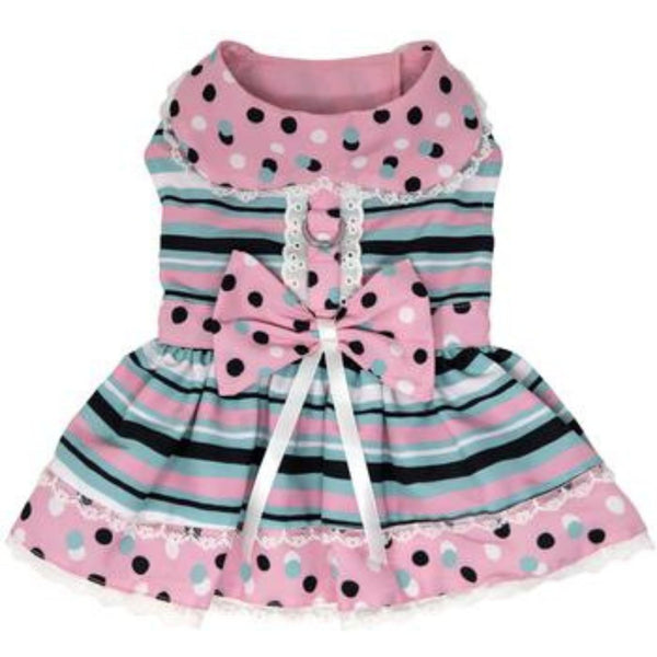 Dots & Stripes Pink Teal Dog Harness Dress