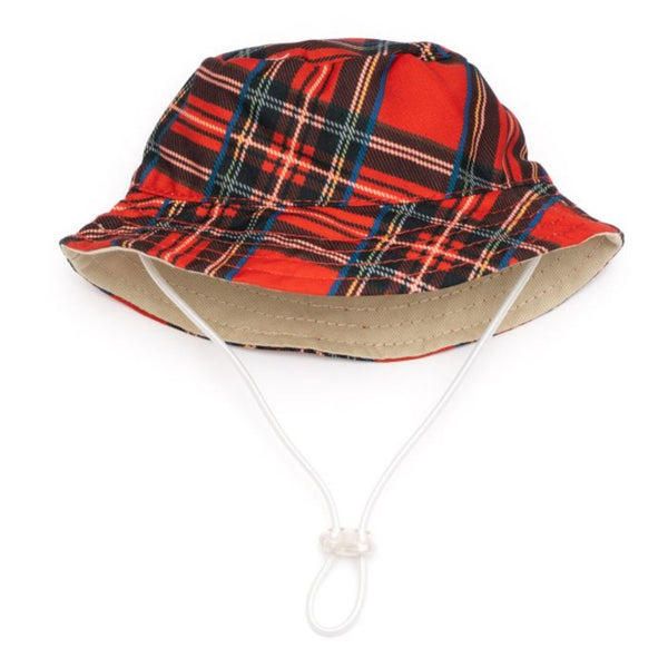 Red Plaid Bucket Hat For Dogs and Pets With Adjustable Chin Strap